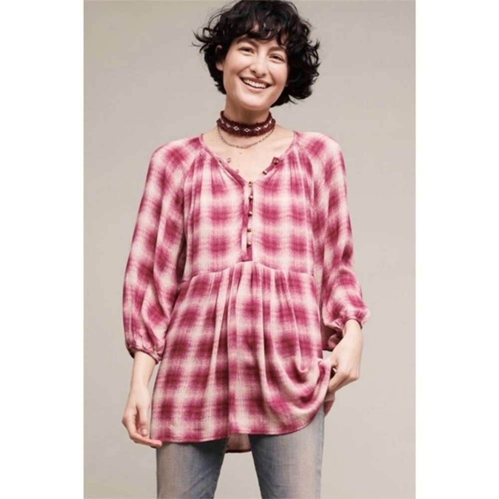 Maeve Anthropologie Cavalon Plaid Peplum Blouse Burgundy Pink Small